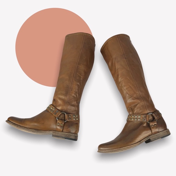 FRYE Phillip Studded Harness Tall Boot Soft Brown, Size 8 - Picture 13 of 16